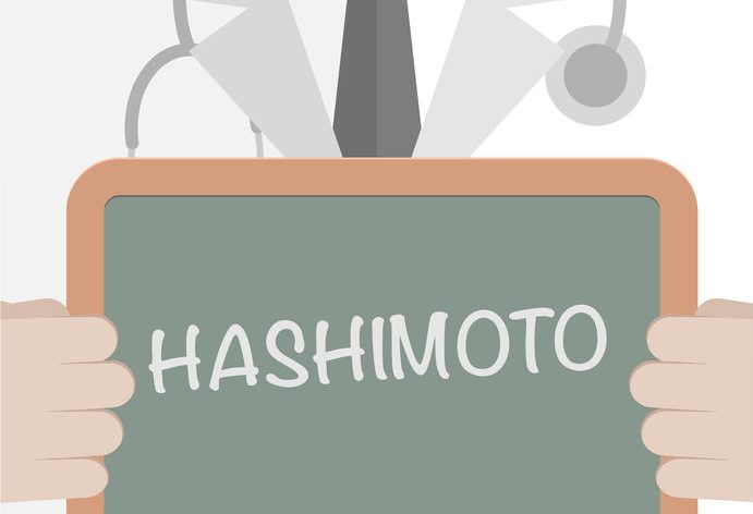 minimalistic illustration of a doctor holding a blackboard with hashimoto text
